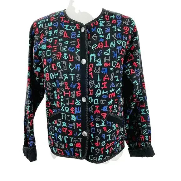 Bets by Canvasbacks Vintage 90s Black Colorful Print Quilted Button Jacket S - Picture 2 of 15